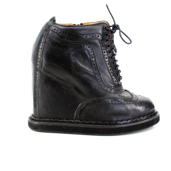 Mihara Yasuhiro Black Brogue Wedge Boots 6.5 Lace Up Platform Oxford Zip Japan - Picture 4 of 13